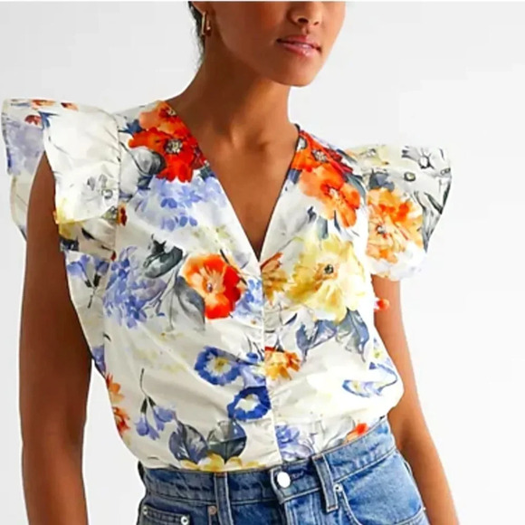 Express Floral V-Neck Flutter Sleeve Ruched Top Multi-Color For Women's Small - Picture 1 of 13